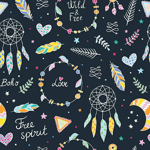 Vector illustration of Boho style pattern. Seamless tribal background