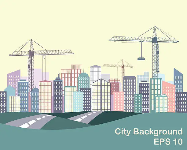 Vector illustration of Urban background. Road and city on the horizon