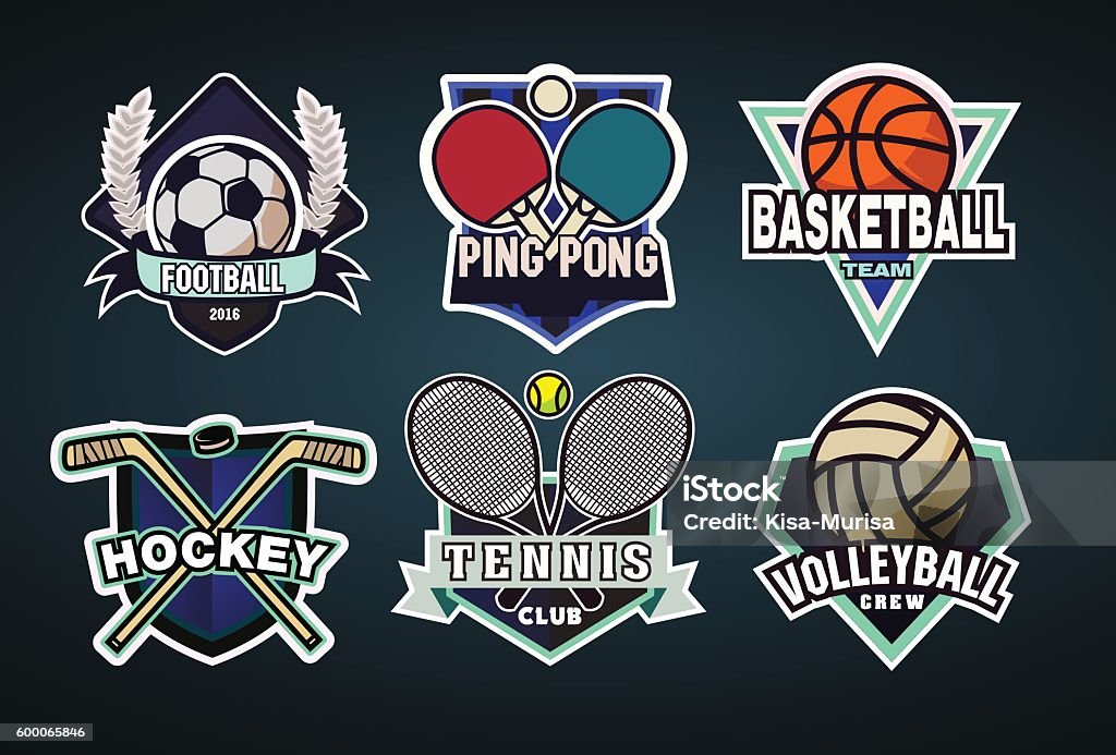 Logo set for football, ping pong, basketball, hockey, tennis, volleyball Colorful sport logo, labels, emblems or design elements set for football, ping pong, basketball, hockey, tennis, volleyball. Vector illustrations isolated on black Coat Of Arms stock vector