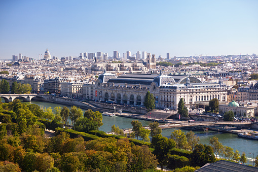 Aerial view of Paris centered on the Musée d’Orsay but also including the Seine River, the Jardin des Tuileries, the Musée national de la Légion d'honneur et des ordres de chevalerie, the Université Paris Descartes, the Église Saint-Sulpice, the Palais du Luxembourg and the Panthéon de la Sorbonne.