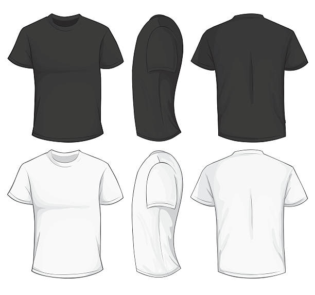 Black and White T-Shirt Template Vector illustration of blank black and white men's t-shirt template, front, side and back design isolated on white preppy fashion stock illustrations