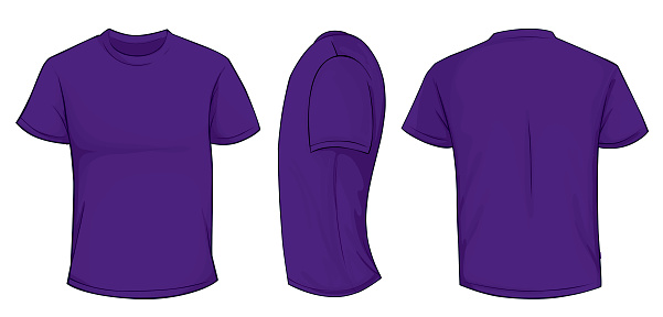 Vector illustration of blank purple men t-shirt template, front, side and back design isolated on white