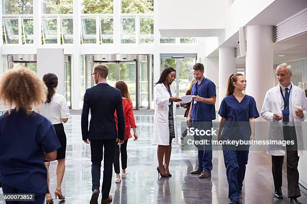 Staff In Busy Lobby Area Of Modern Hospital Stock Photo - Download Image Now - Hospital, Lobby, Busy