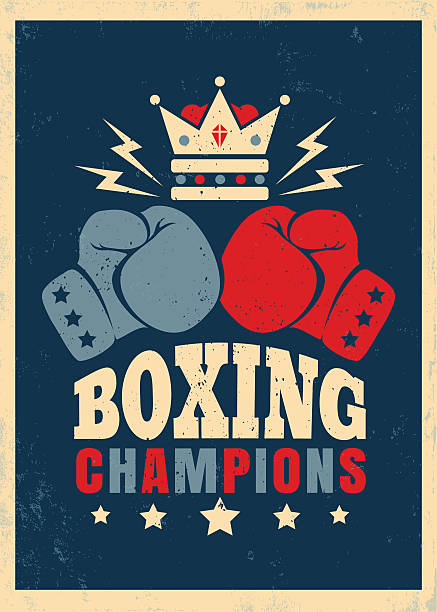 Boxing retro poster Vector vintage poster for boxing with gloves boxing stock illustrations