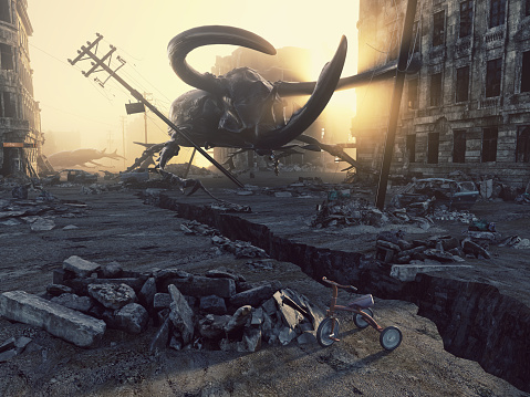 Ruined city by giant insects. Apocalyptic fantasy concept. 3D rendering