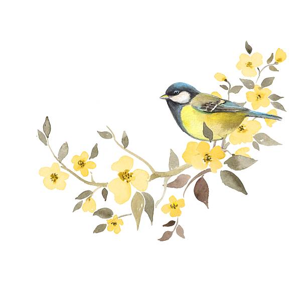 istock Bird on floral branch. Watercolor painting. 600082920