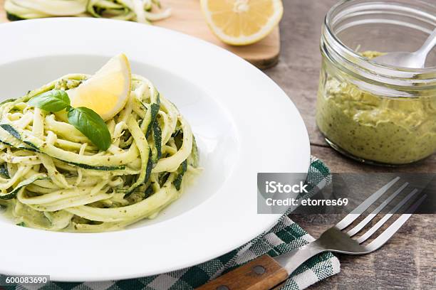 Zucchini Noodles With Pesto Sauce Stock Photo - Download Image Now - Zucchini, Pasta, Pesto Sauce