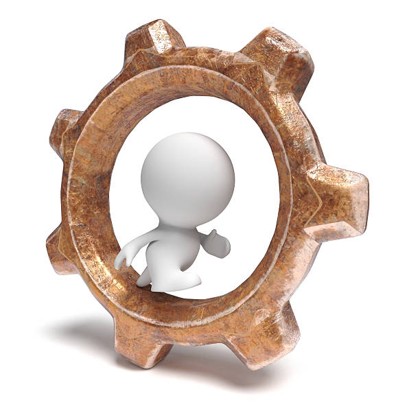 white 3d human character running in a gear-wheel