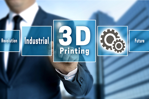 3d Printing touchscreen is operated by businessman.