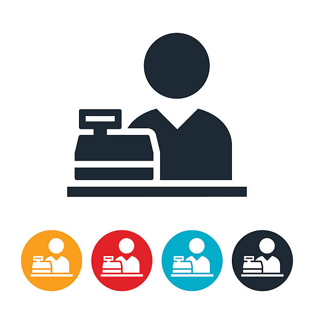 Cashier Behind Cash Register Icon An icon of a cashier behind a cash register. assistant icon stock illustrations