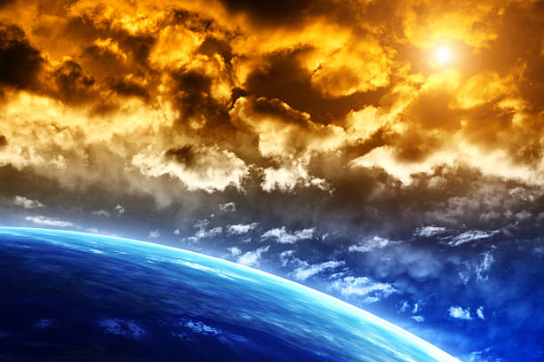 istock Beautiful sunset with storm sky and planets 600089570