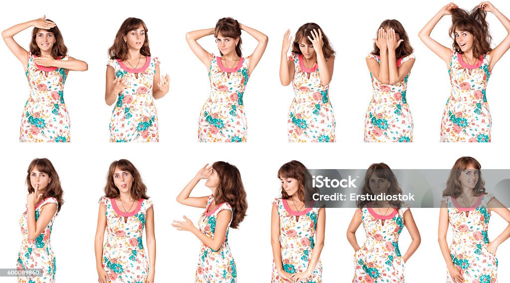 Set of  woman's  portraits Set of young beautiful woman's  portraits with long hair with different emotions on white background Arranging Stock Photo