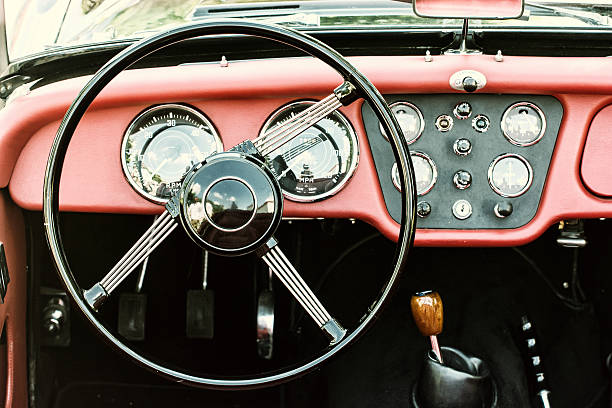 istock Steering wheel and dashboard in historic vintage car 600090624