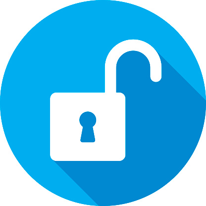 Vector illustration of a blue unlock icon in flat style.