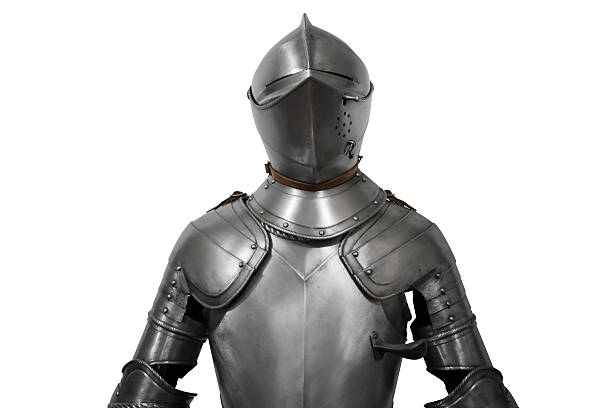 istock Old metal knight armour isolated on white background 600091042
