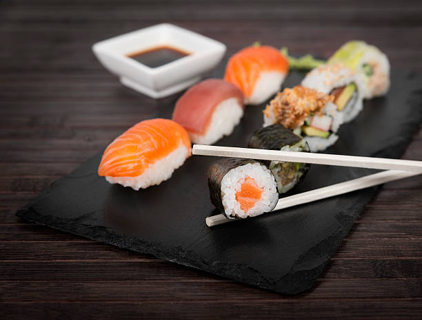 istock Sushi served on a slate plate 600091058