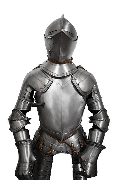 istock Old metal knight armour isolated on white background 600091104