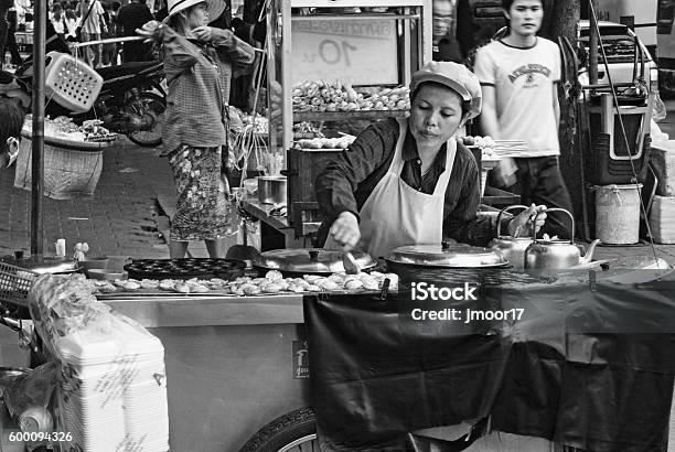 Bangkok Sidewalk Food Cart And Shopping In Black White Stock Photo - Download Image Now