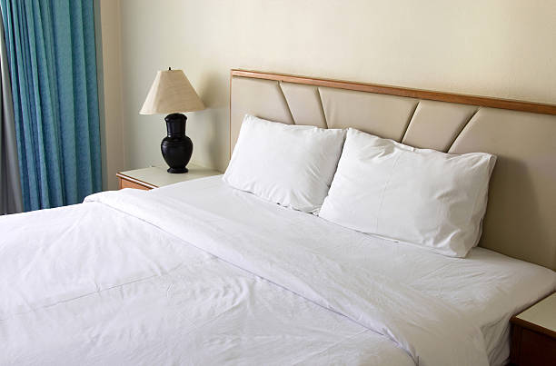 Color image depicting an unmade bed with messy crumpled sheets in the bedroom.