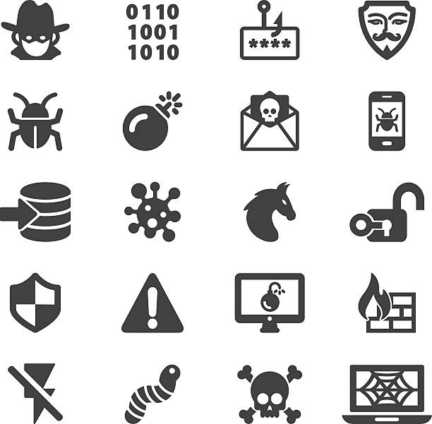 hacker cyber crime silhouette icons | eps10 - computerfehler stock-grafiken, -clipart, -cartoons und -symbole