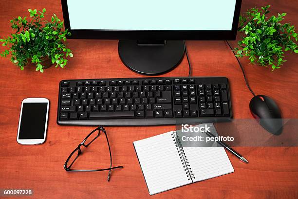 Pc Computer On Office Table Stock Photo - Download Image Now - Above, Blank, Business