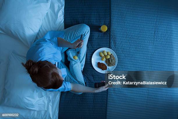 Woman And Her Life In A Bed Stock Photo - Download Image Now - Night, Meal, Eating