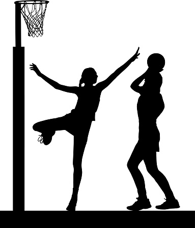 Black on white silhouette of girls ladies netball players jumping and blocking goal