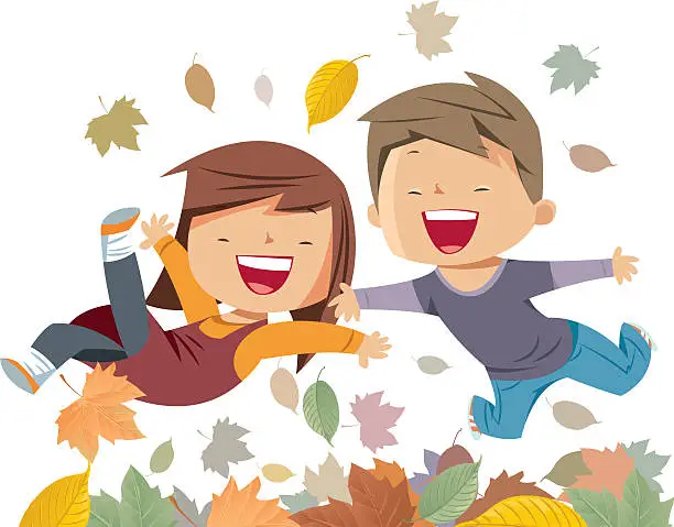 Vector illustration of the kids jump on the autumn leaves
