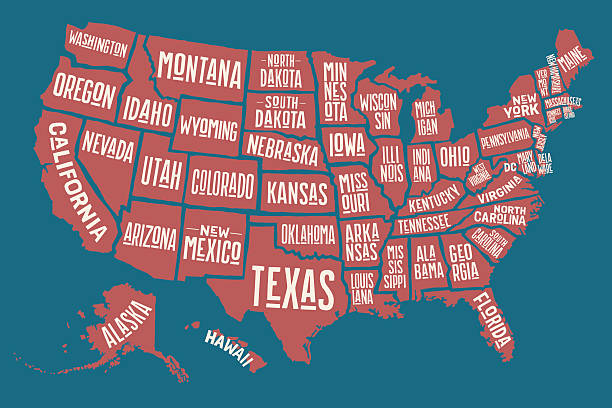 ilustraciones, imágenes clip art, dibujos animados e iconos de stock de mapa de carteles estados unidos de américa con nombres de estado - kansas map design state