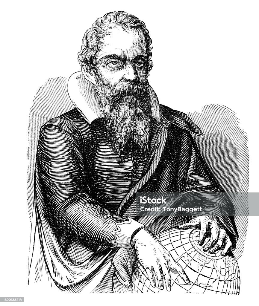 Galileo An engraved vintage portrait illustration image of Galileo from a Victorian book dated 1877 that is no longer in copyright Galileo Galilei Stock Photo