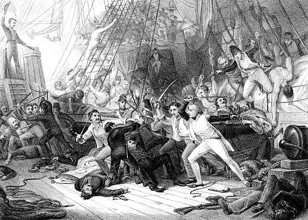 Nelson boarding the San Josef at the Battle of St Vincent An engraved  illustration image of Nelson boarding the San Josef at the Battle of St Vincent from a vintage Victorian book dated 1886 that is no longer in copyright admiral nelson stock pictures, royalty-free photos & images