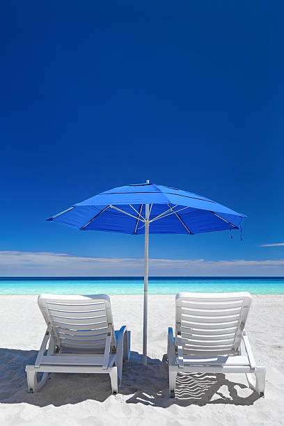 istock Caribbean beach with blue sun umbrellas and white beds 600134014