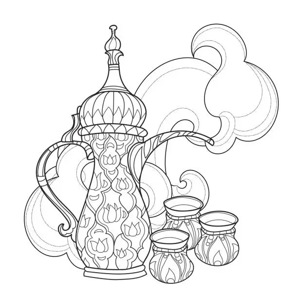 Vector illustration of Arabic coffee maker dalla with cups.