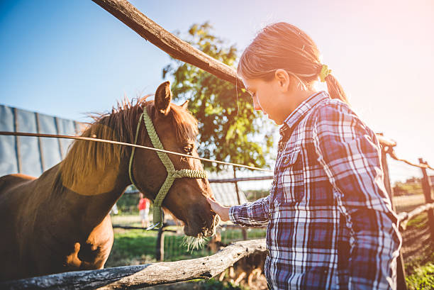 niña a abrazar a caballo - horse child animal feeding fotografías e imágenes de stock