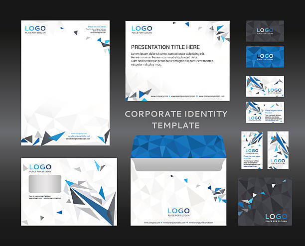 Corporate identity kit in low polygon style. Company style Corporate identity kit in low-poly style. Letter Head design, Presentation template, Envelope, Business Card, CD Cover. Blue and grey version. Vector corporate identity stock illustrations