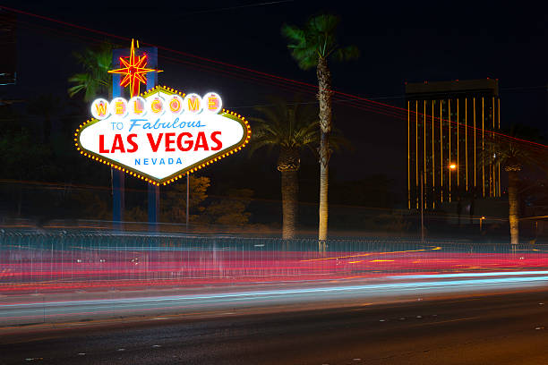Welcome to Las Vegas sign with night traffic