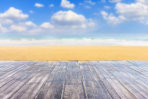 istock wood floor with blur beach and sea background 600144760