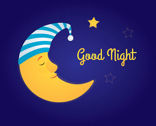 moon and stars good night Vector cartoon illustration. A moon in a white and blue striped nightcap sleeping in the sky, a little star is awake and smiling. Dark blue background, yellow text "Good night". Horizontal format. going to bed cartoon stock illustrations