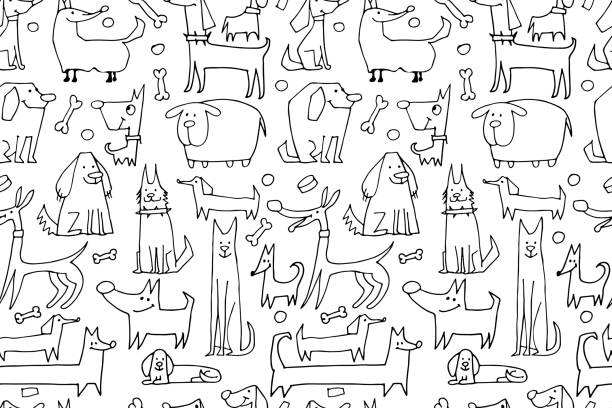 zabawna kolekcja psów, bezszwowy wzór do twojego projektu - pattern illustration and painting backgrounds seamless stock illustrations