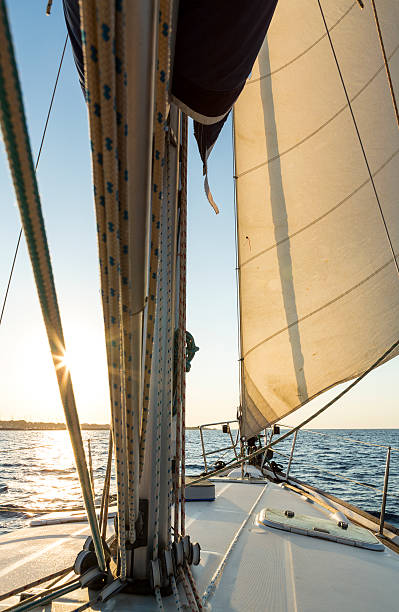 istock Sail boat cruising at sunrise with full sails 600149270