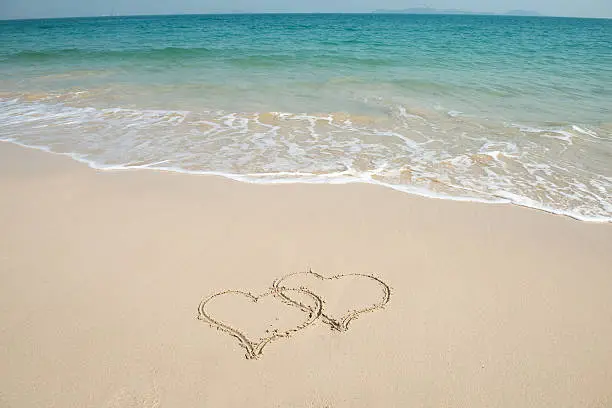 Photo of two hearts in sand on a beautiful beach