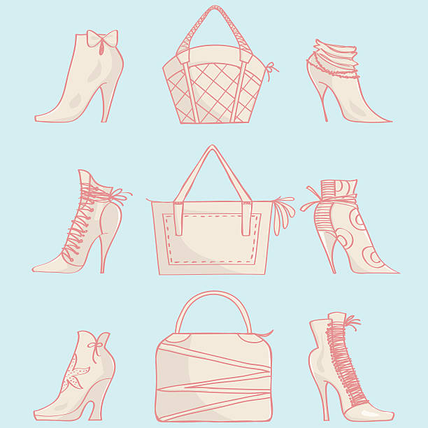Vector background with stylish bags and shoes. Set of handbags and high heel boots. Vector background with stylish purses and female shoes. womens blue suede shoes stock illustrations