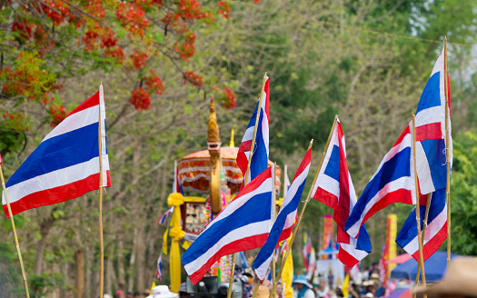 Thai flag parade in wax festival in Thailand.