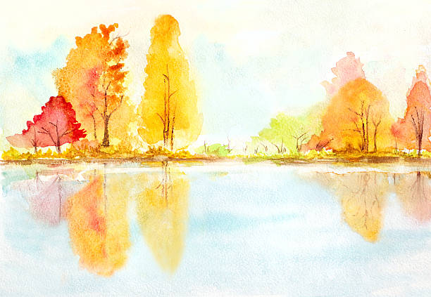 autumn деревья  - paintings watercolor painting landscape autumn stock illustrations