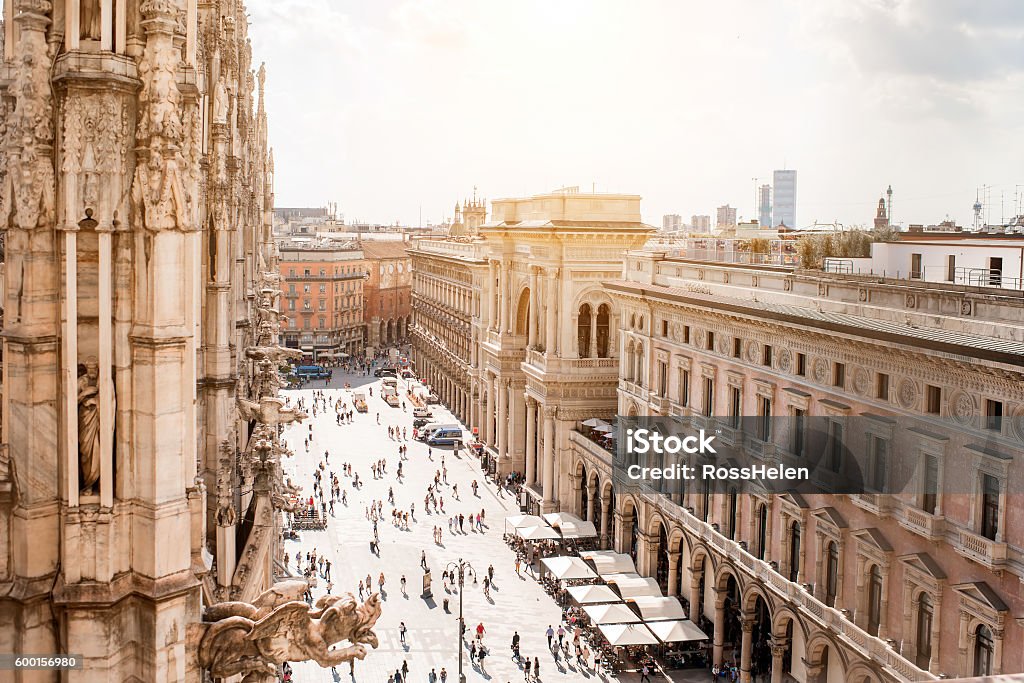 Duomo square in Milan Top view on Duomo square with people walking in the center of Milan Milan Stock Photo