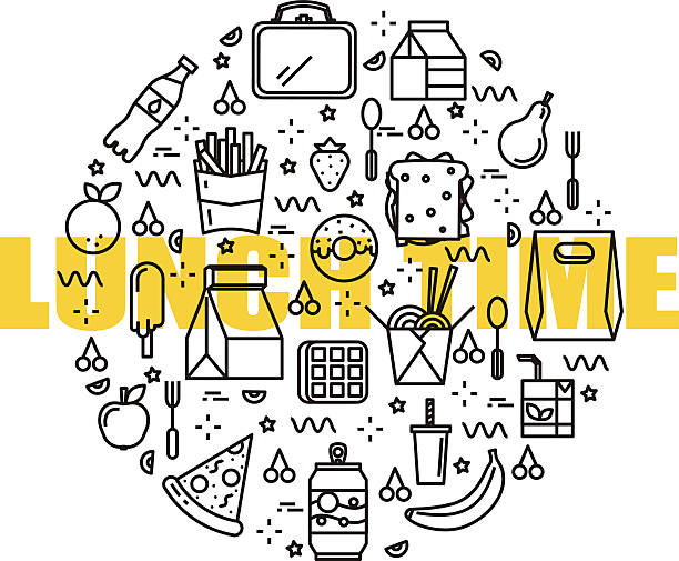 ein satz von linear mittagessen symbole. - lunch box packed lunch apple symbol stock-grafiken, -clipart, -cartoons und -symbole