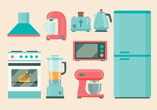 ilustrações, clipart, desenhos animados e ícones de conjunto de aparelhos retrô de cozinha. ícones planos. ilustração vetorial - electric juicer