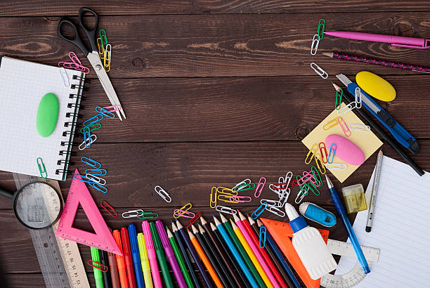istock School supplies on a wooden table 600160362