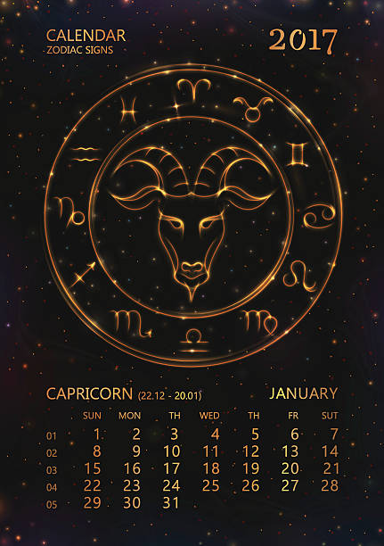 Calendar for 2017 year. Zodiac Sign of CAPRICORN in january VECTOR eps 10. Calendar for 2017 year. CAPRICORN in january. Glowing collection of Astrology Zodiac Signs. Shining elements and stars. 12 zodiac symbols in light golden colors.  cosmos of the stars of the constellation capricorn and gems stock illustrations
