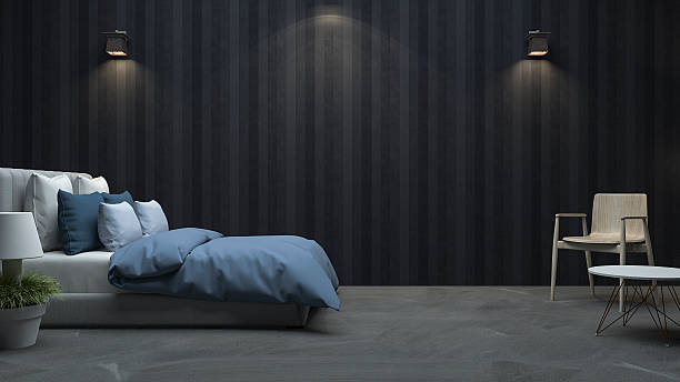 3d renderizado de madera negra dormitorio de pared con buena luz - bedroom blue bed domestic room fotografías e imágenes de stock